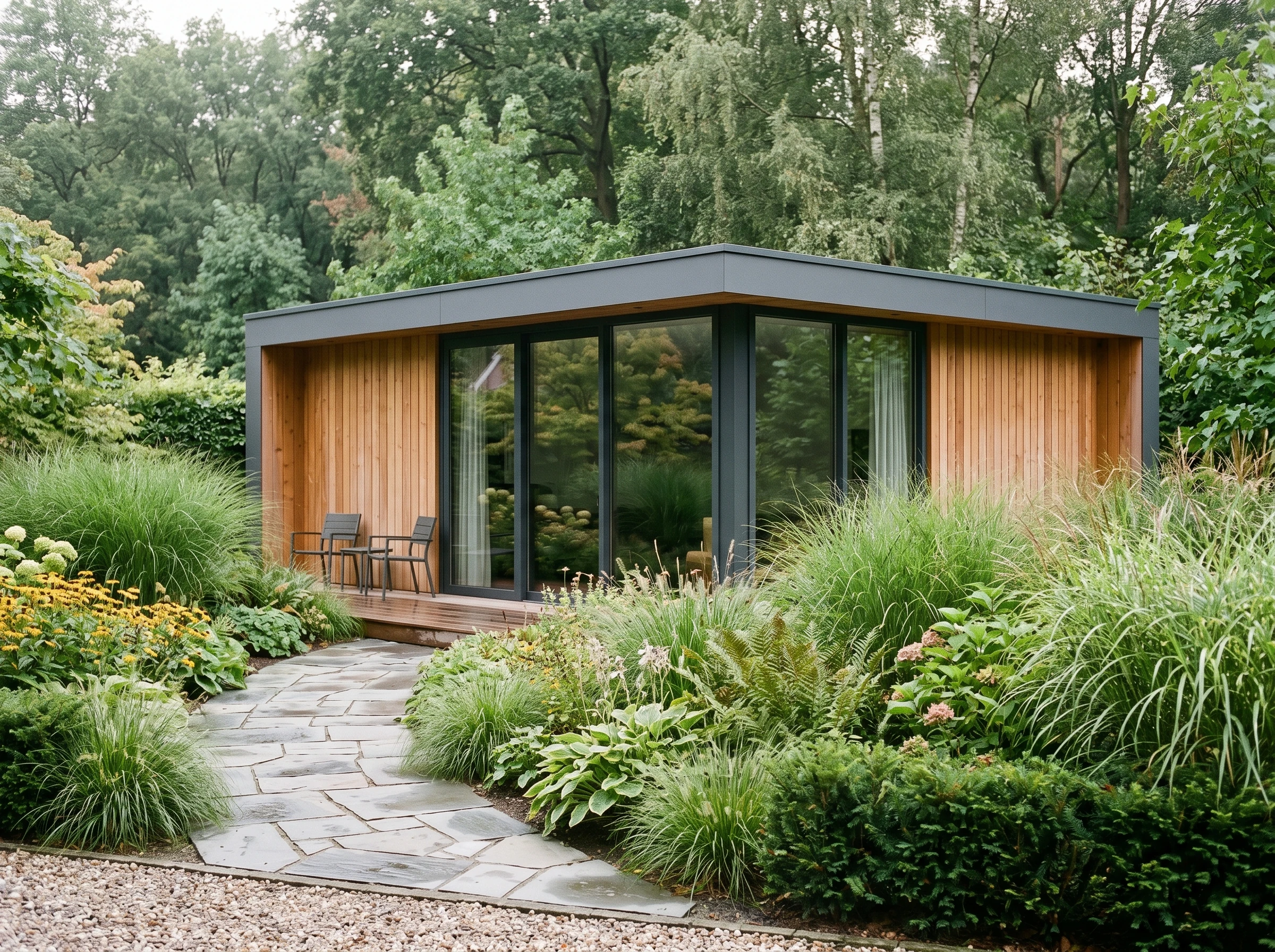 Modern tuinhuis in douglashout tussen aangelegde tuinbeplanting