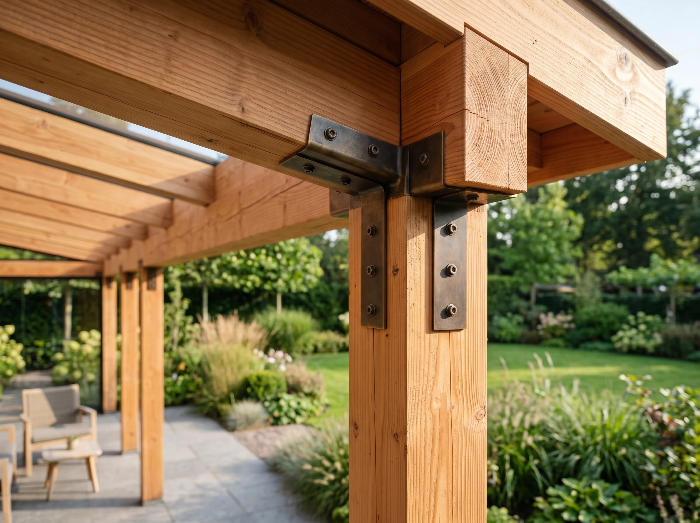 Douglashouten constructiehoek van een veranda met natuurmetalen verbindingsbeugels