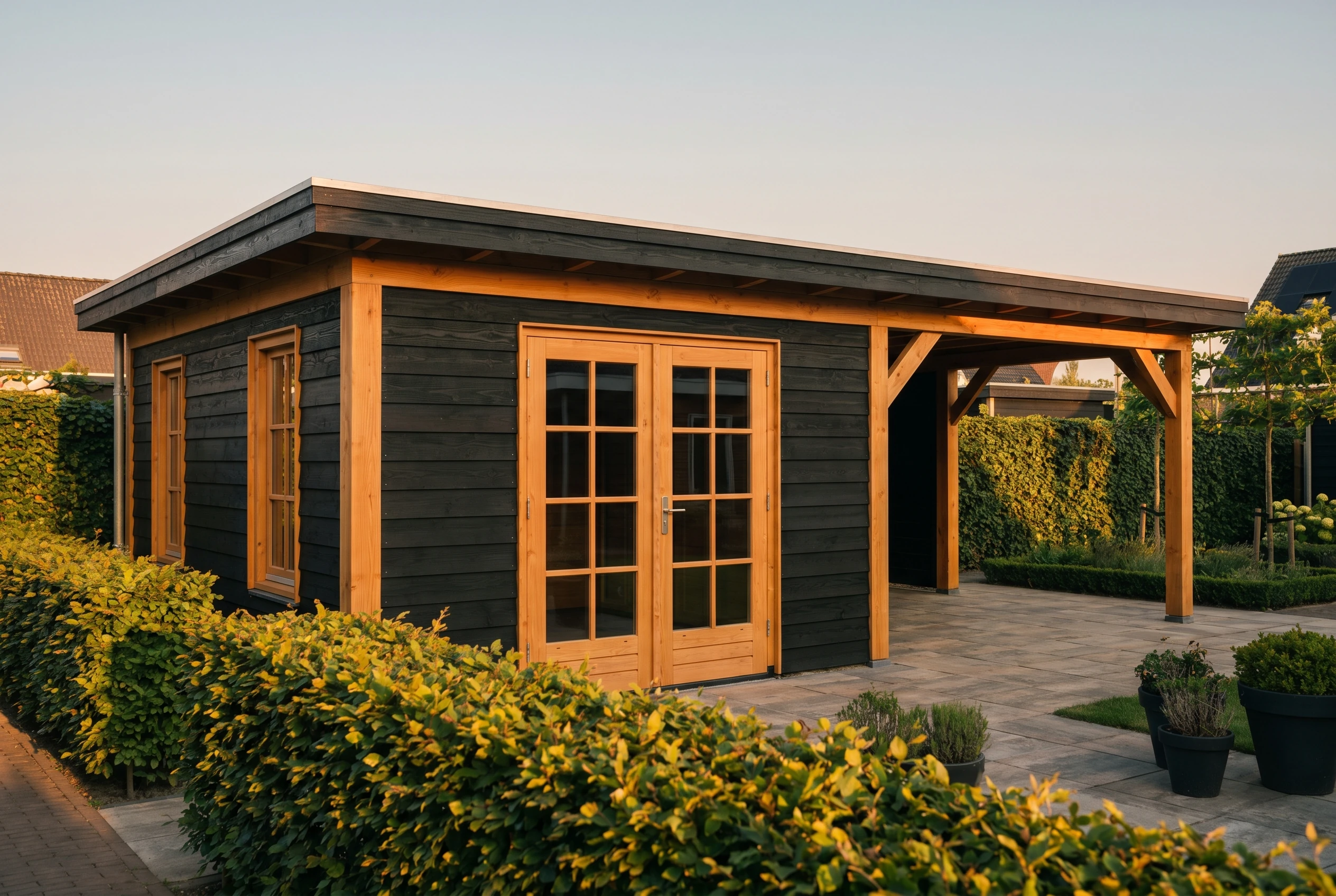Tuinhuis in zwart hout met douglashouten frame, openslaande deuren met roeden en een aangebouwde overkapping, bij gouden uur