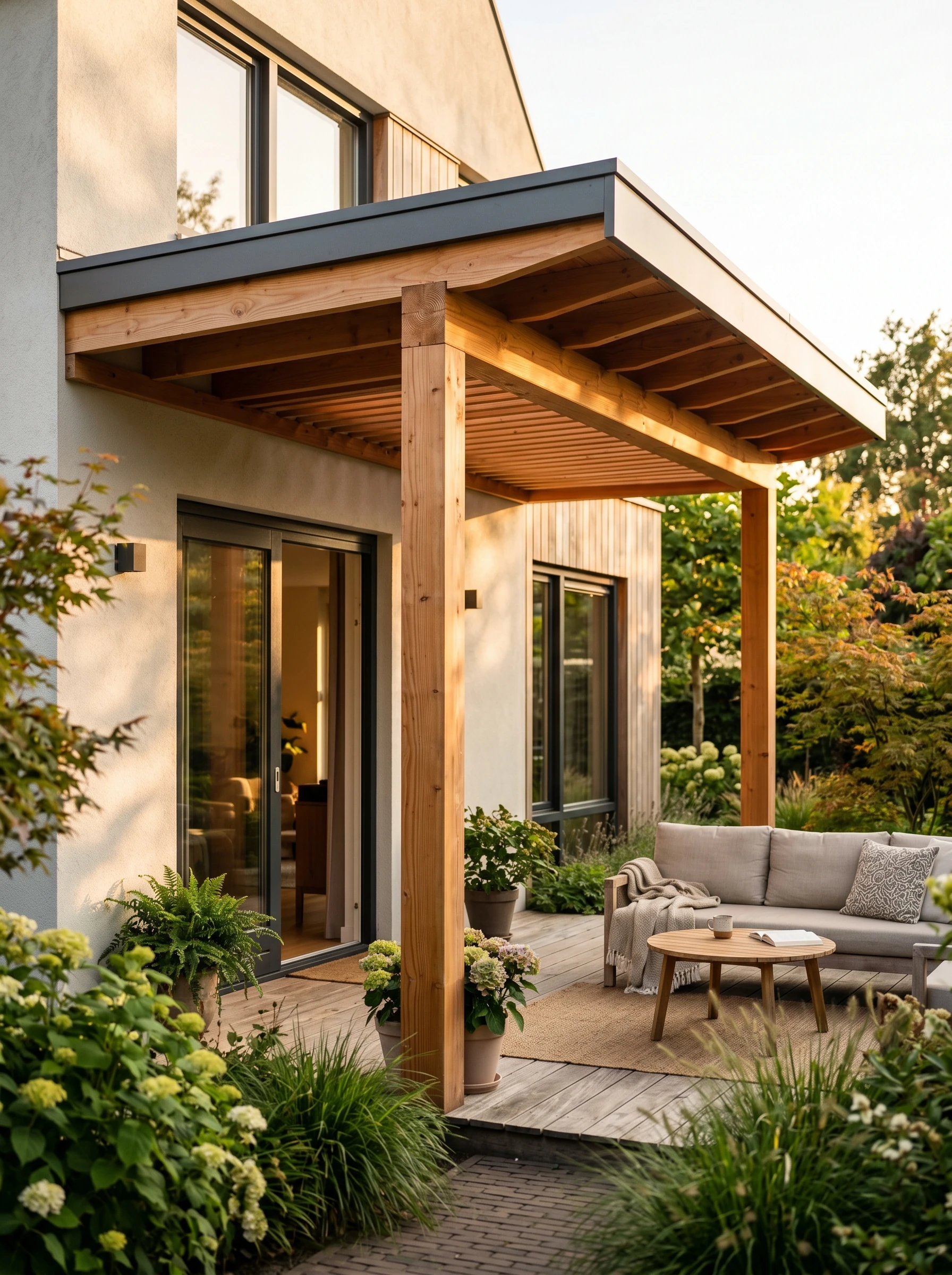 Douglashouten terrasoverkapping tegen een modern huis, met loungeset op het terras