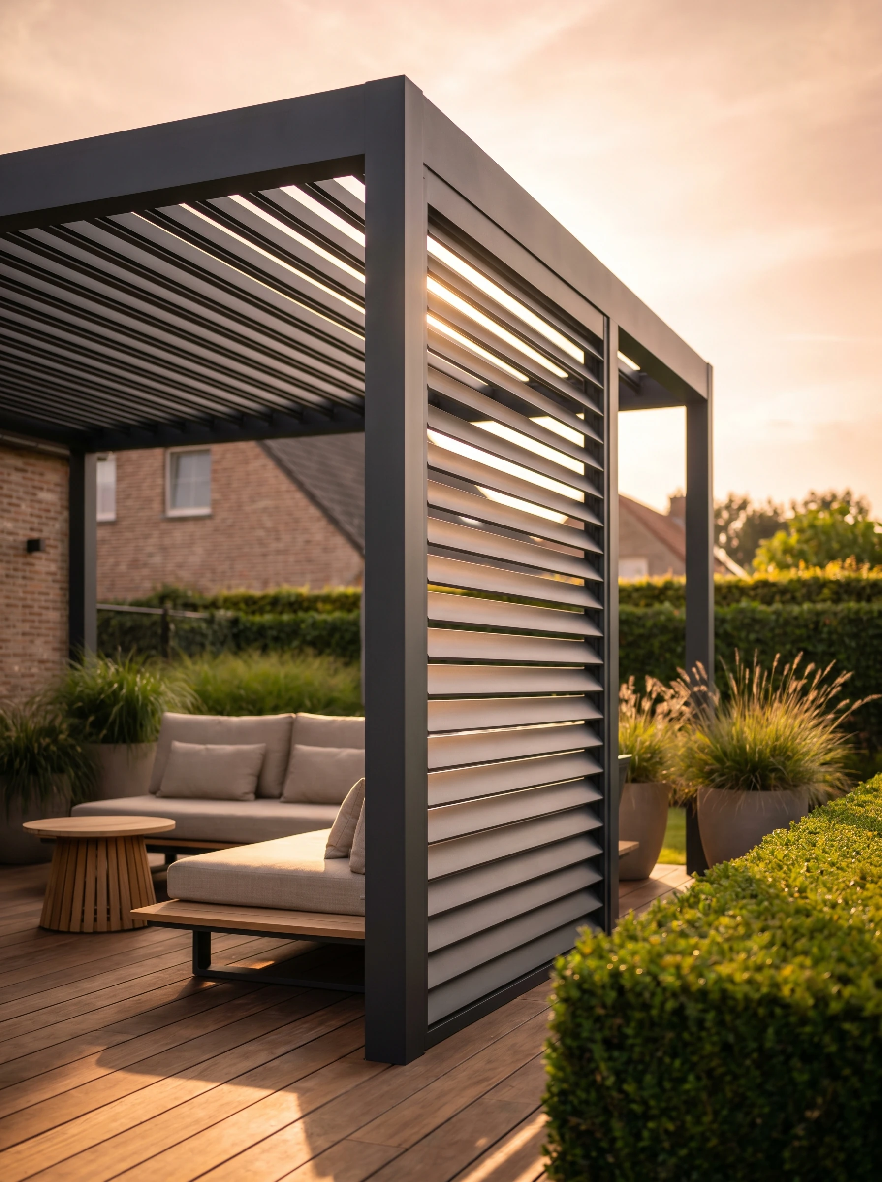 Strakke aluminium terrasoverkapping in mat antraciet met instelbaar lamellendak boven een houten terras met loungeset in de avondzon