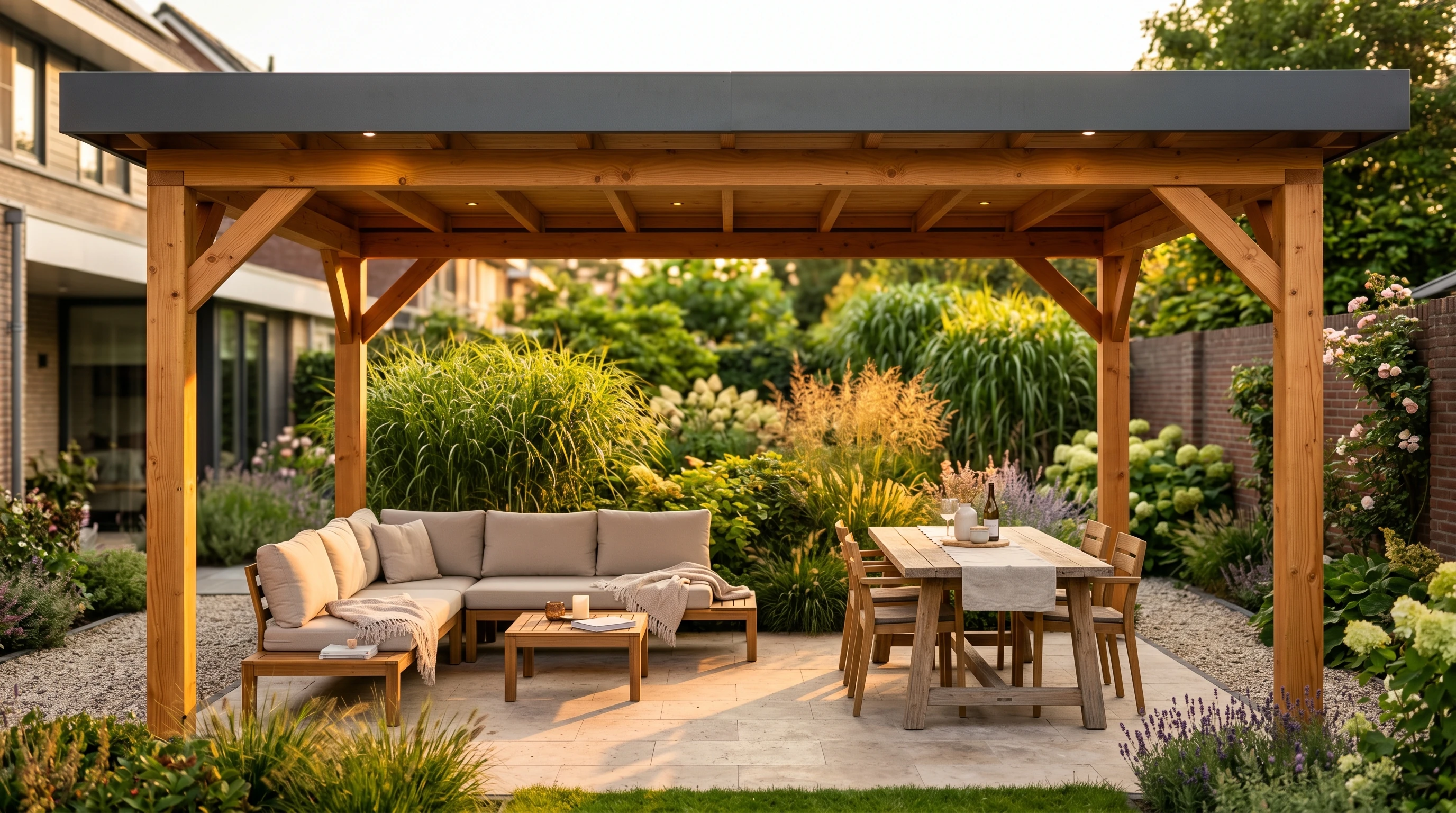 Vrijstaande douglashouten terrasoverkapping boven een loungeset en eettafel in de avondzon
