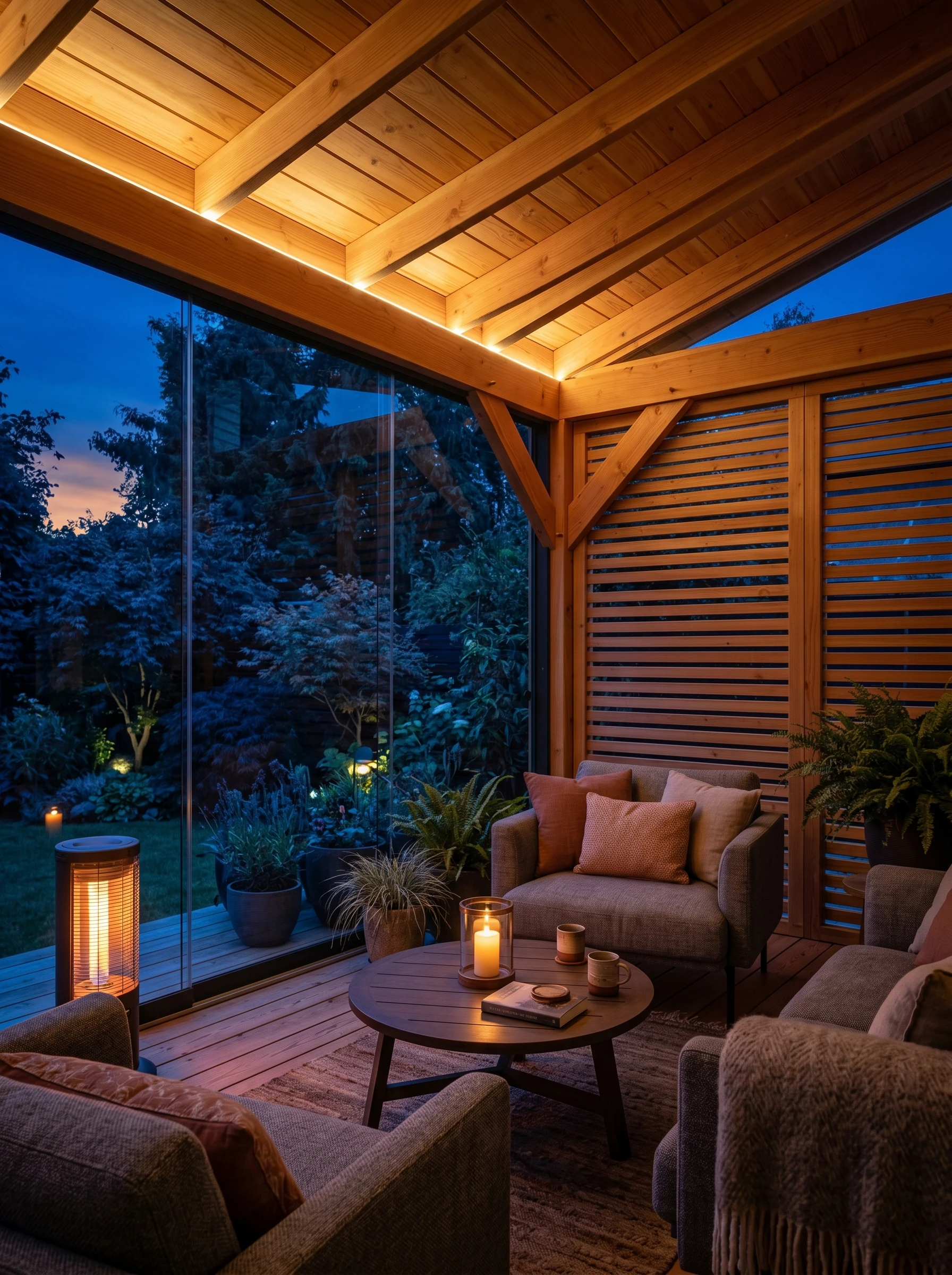 Terrasoverkapping met houten lamellen-zijwand en glazen windscherm bij schemer, met heater en warme led
