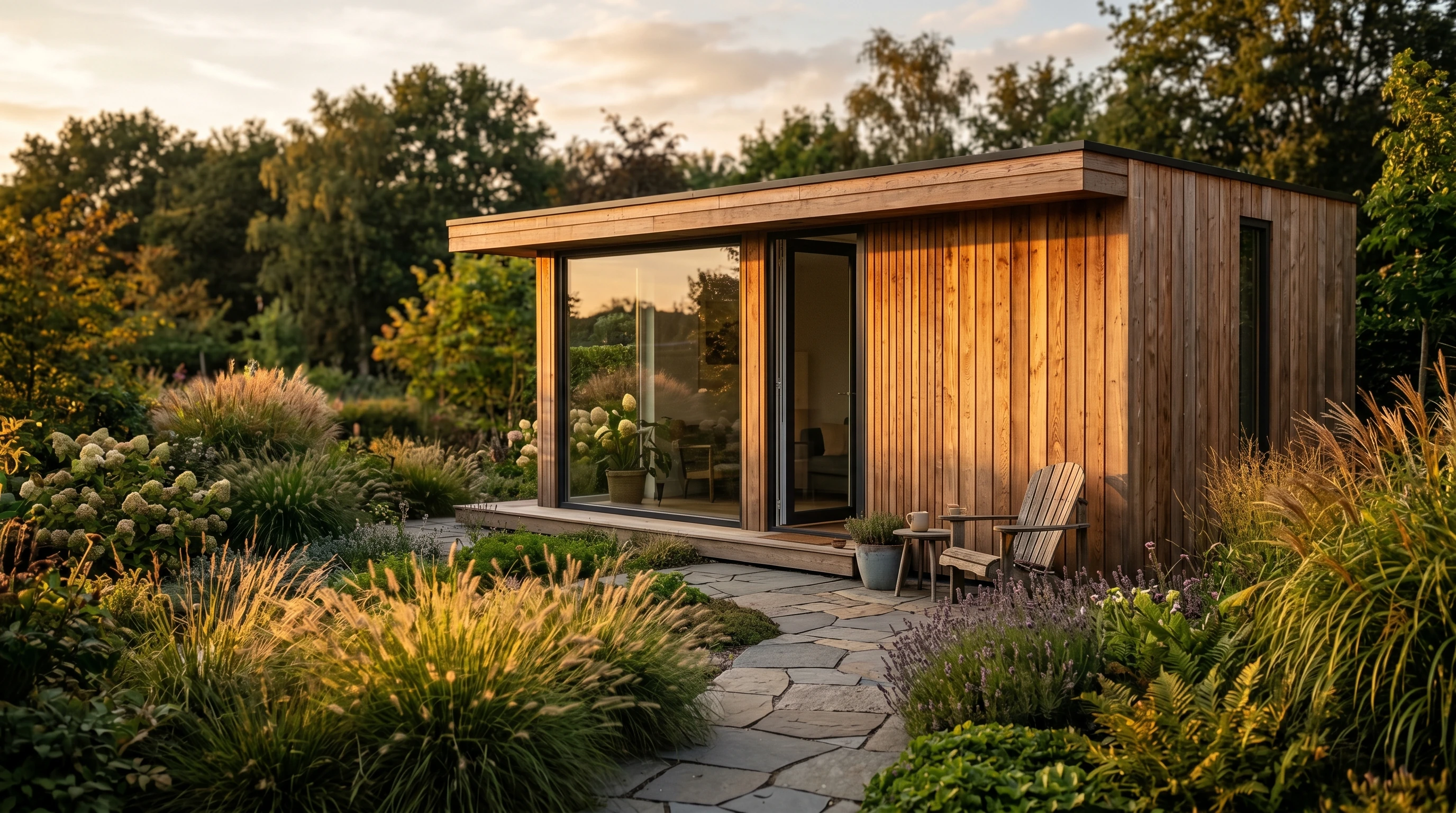 Modern douglashouten tuinhuis met grote raampartij in een aangelegde tuin in de avondzon