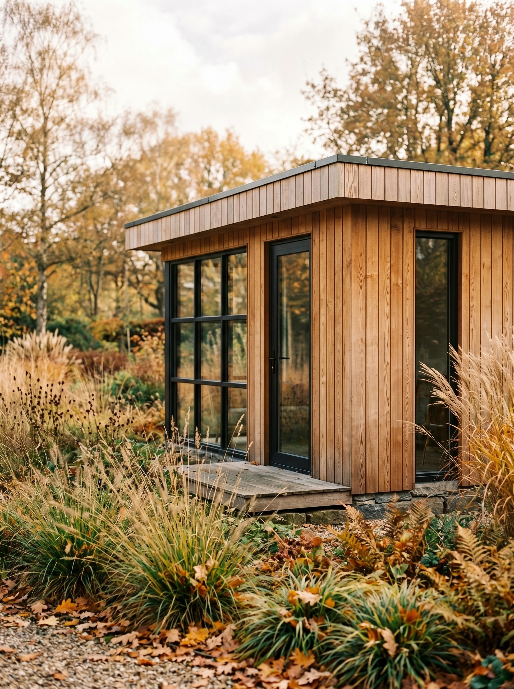 Douglashouten tuinhuis met verticale gevelbekleding tussen herfstgrassen, een jaar-rond gebouw