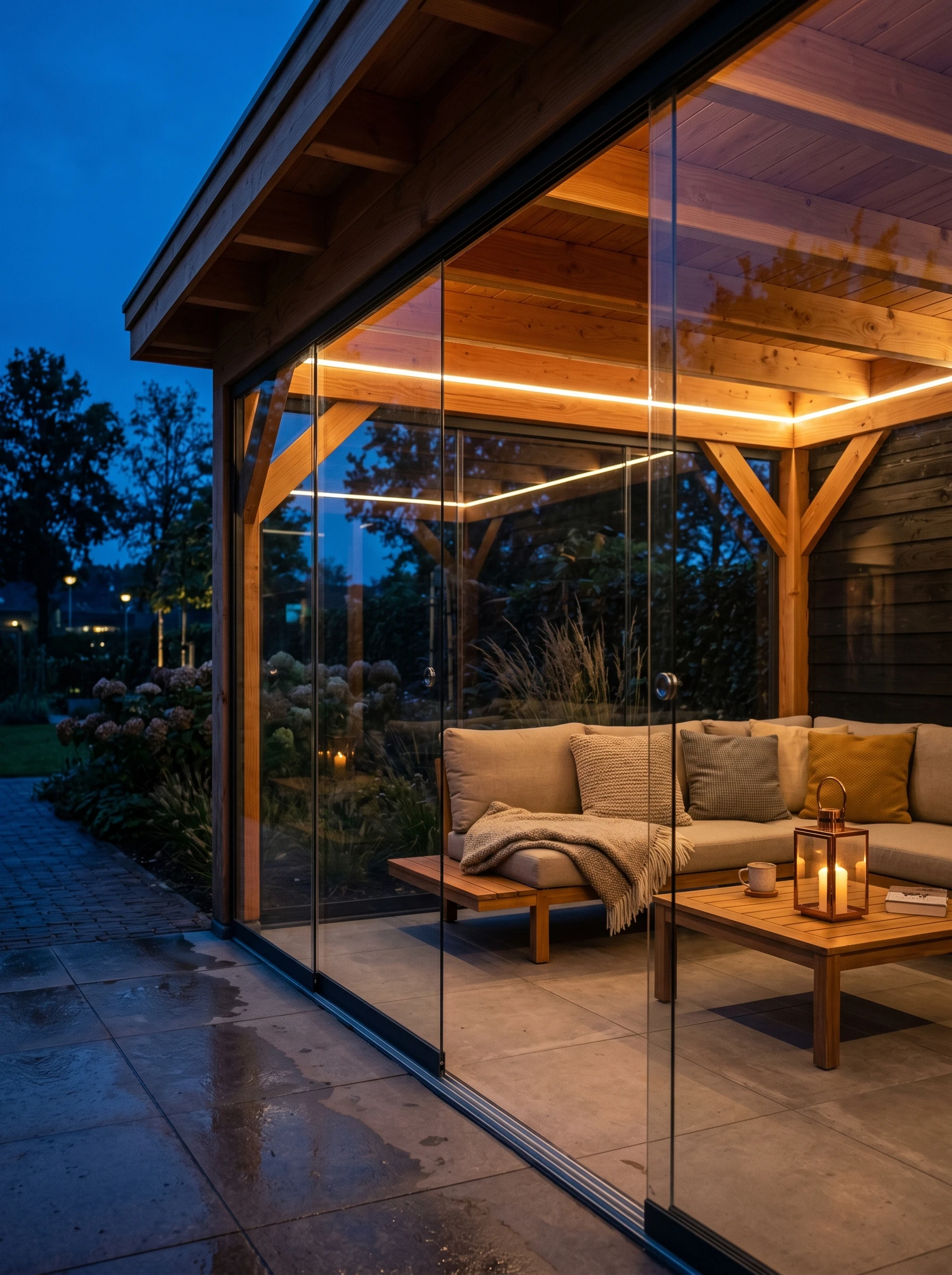 Veranda met glazen schuifwanden bij schemer, warme led-gloed in de douglasbalken