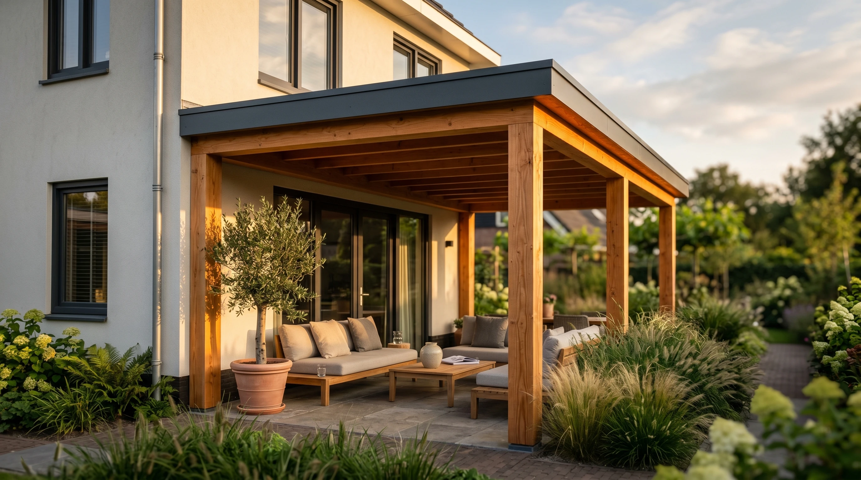 Moderne douglashouten veranda aan een Nederlands huis in de avondzon, met loungeset en olijfboom